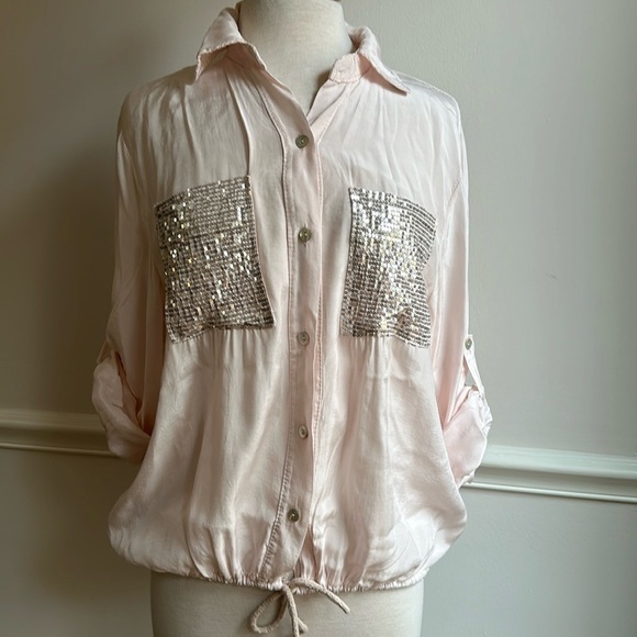made in italy Tops - Made In Italy Sequins Pocket Rayon Blousey Top Pink OS EUC